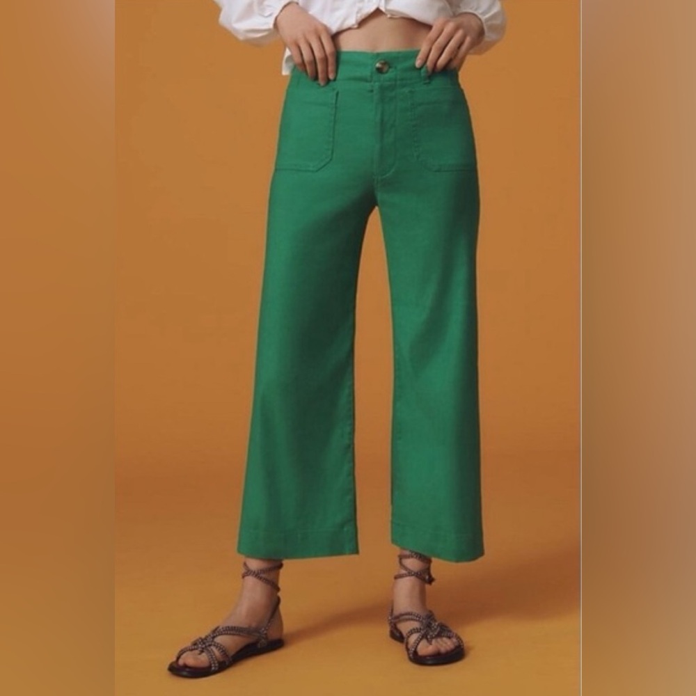 Anthropologie Emerald Green Cropped Wide-Leg Pants